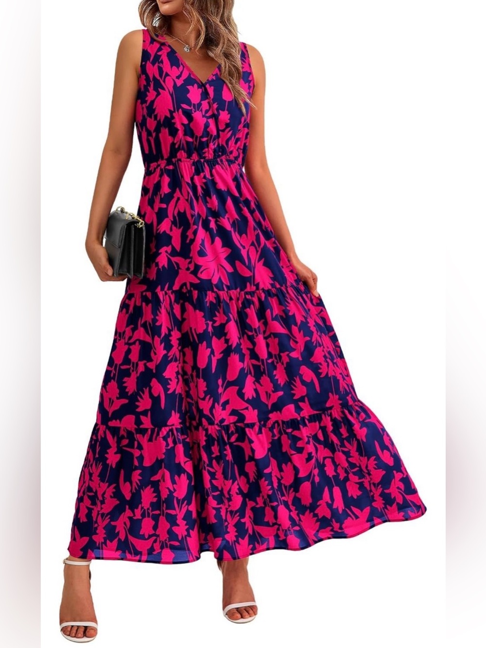 Women’s V-Neck Sleeveless Maxi Dress in Pink Floral